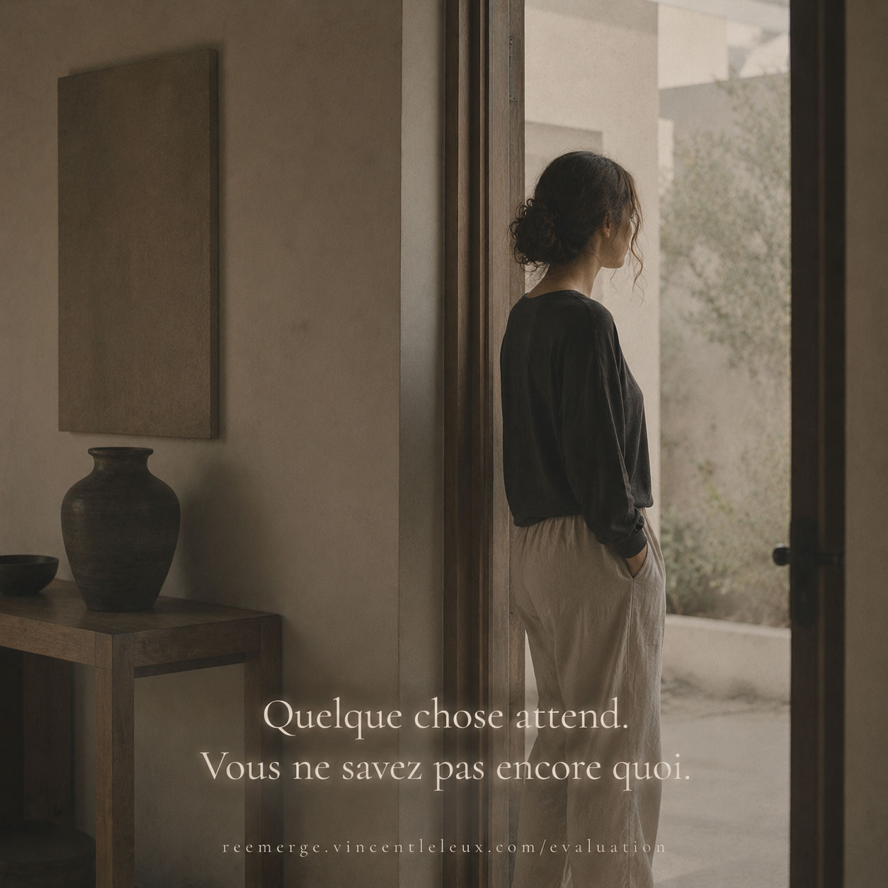 Woman seen from behind standing near a pale wall, Re-Emerge