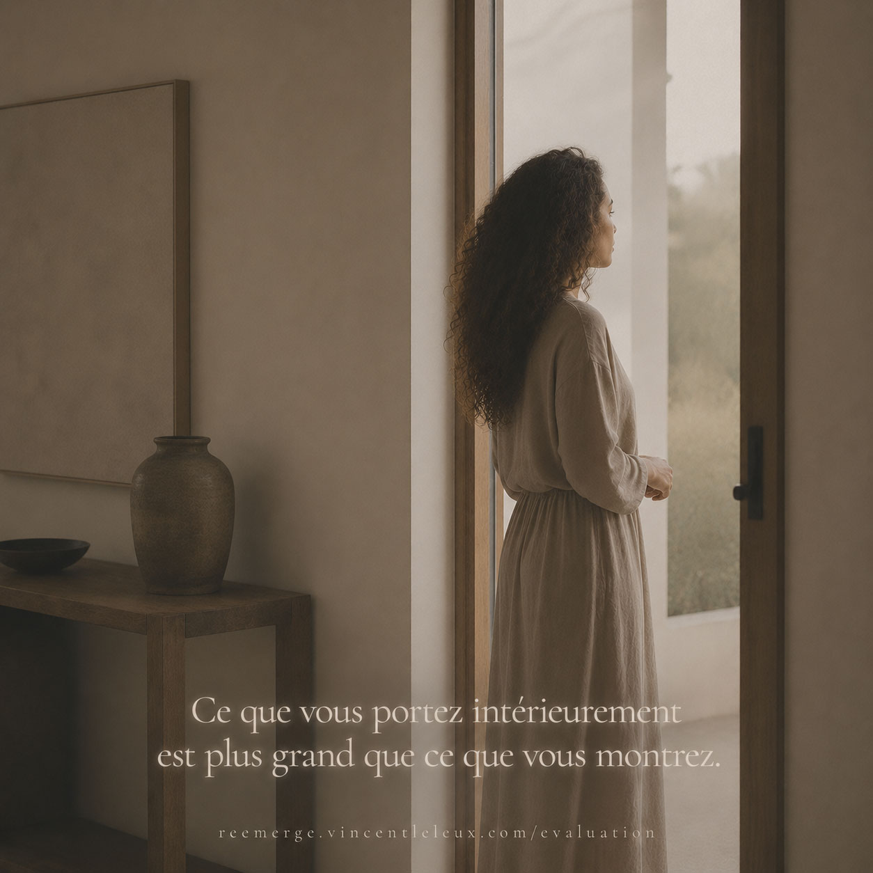 Mixed-race woman with long curly hair at a doorway, Re-Emerge