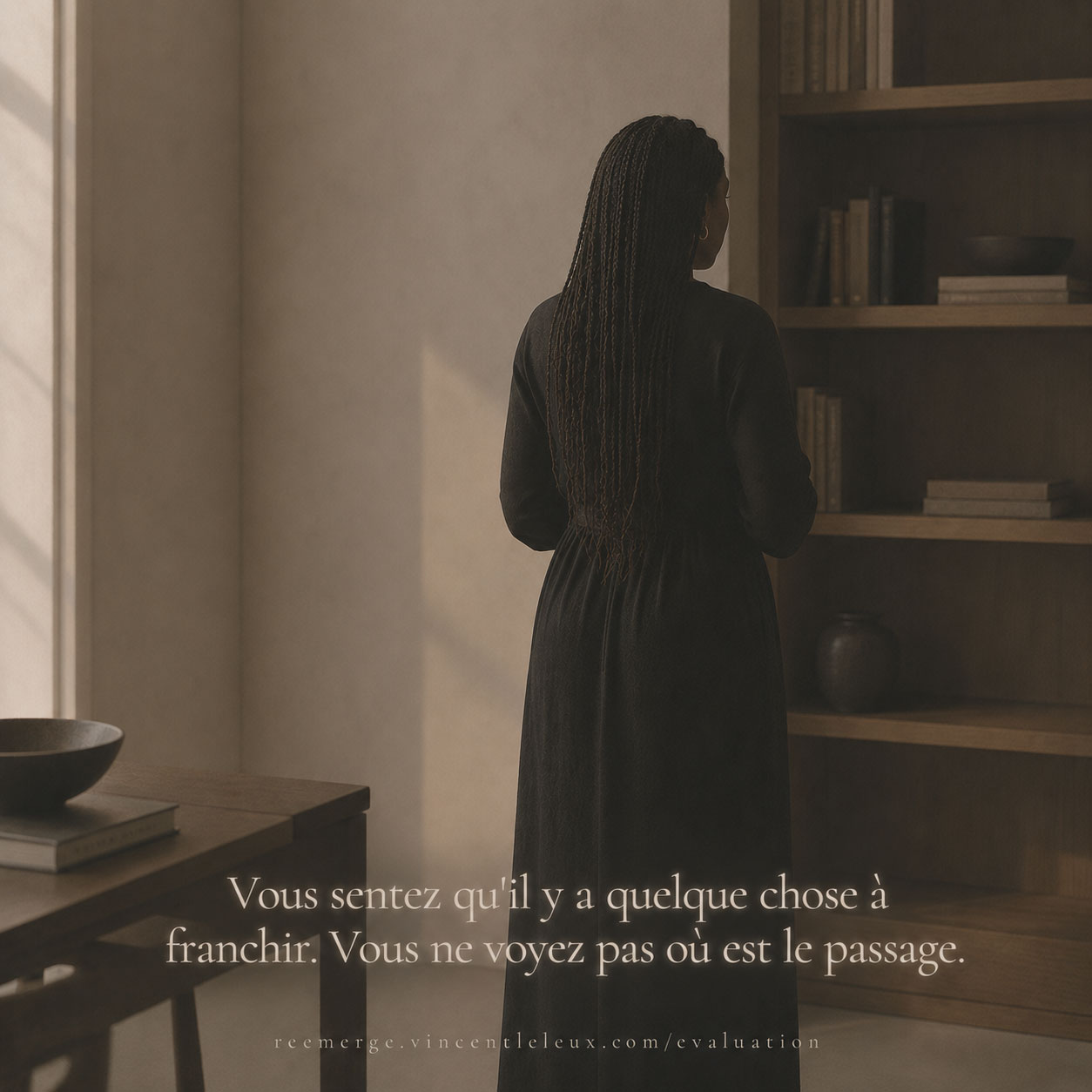 Black woman with long braids standing near a bookshelf, Re-Emerge