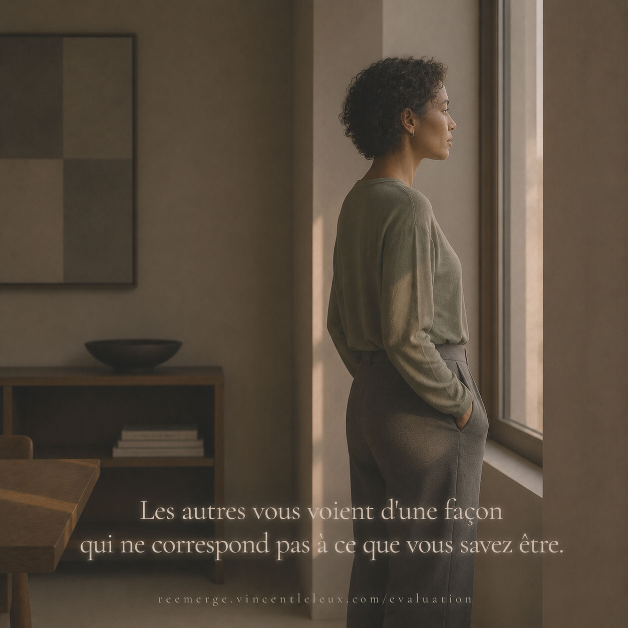 Mixed-race woman in profile near a window, Re-Emerge