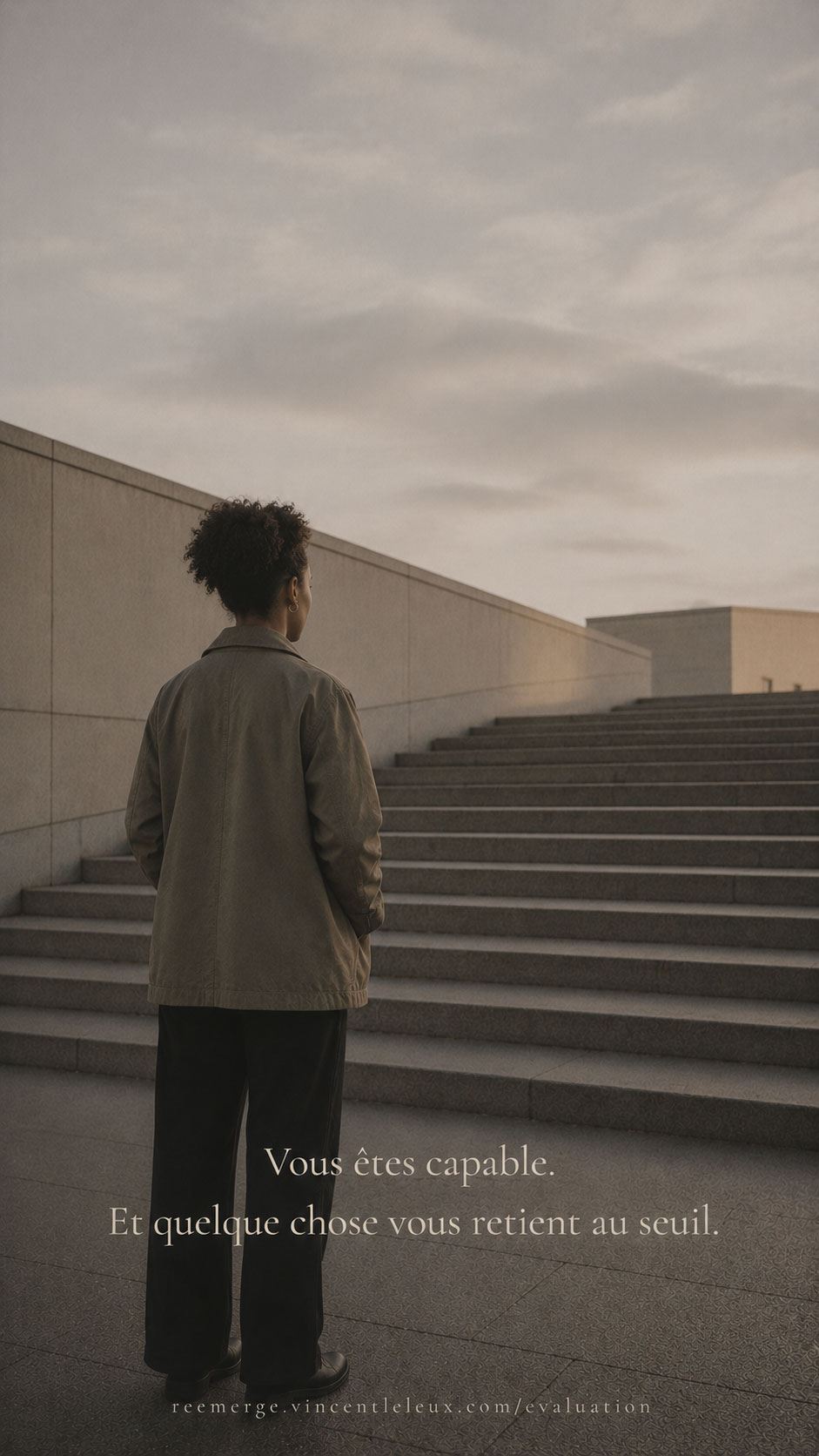 Mixed-race woman at the bottom of exterior steps, sky visible, Re-Emerge