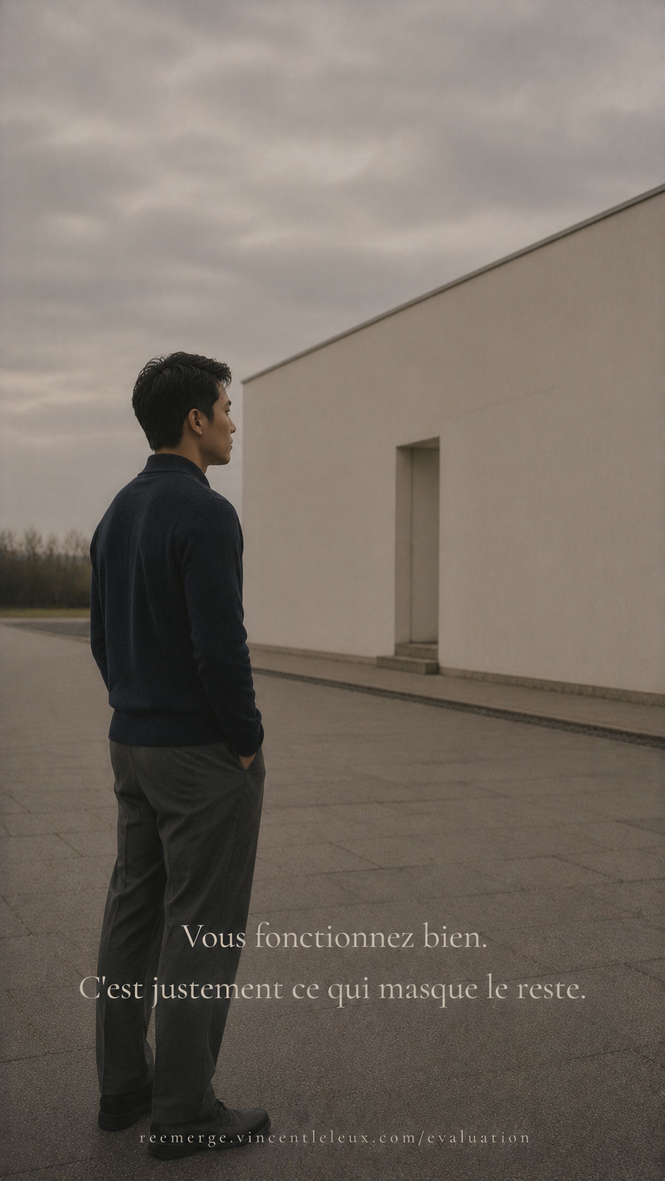 Asian man in profile near a white building facade, Re-Emerge
