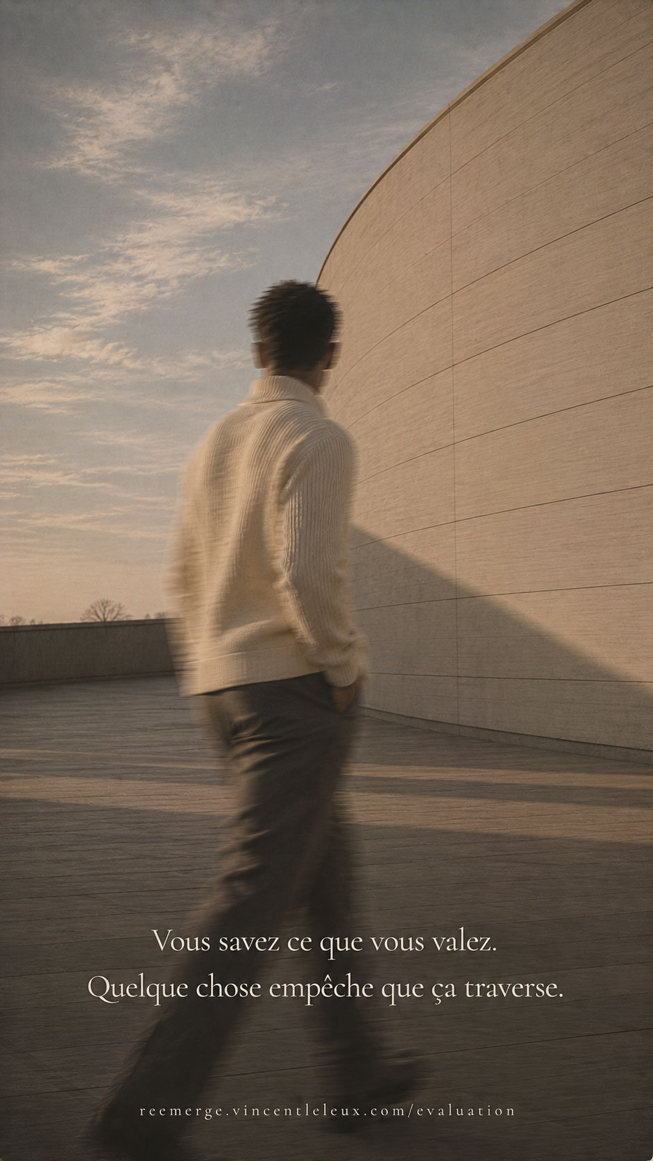 Black man walking in motion blur along a curved wall, Re-Emerge
