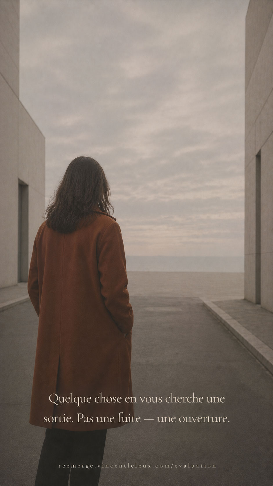 Woman in terracotta coat at the end of a corridor opening onto the sea, Re-Emerge