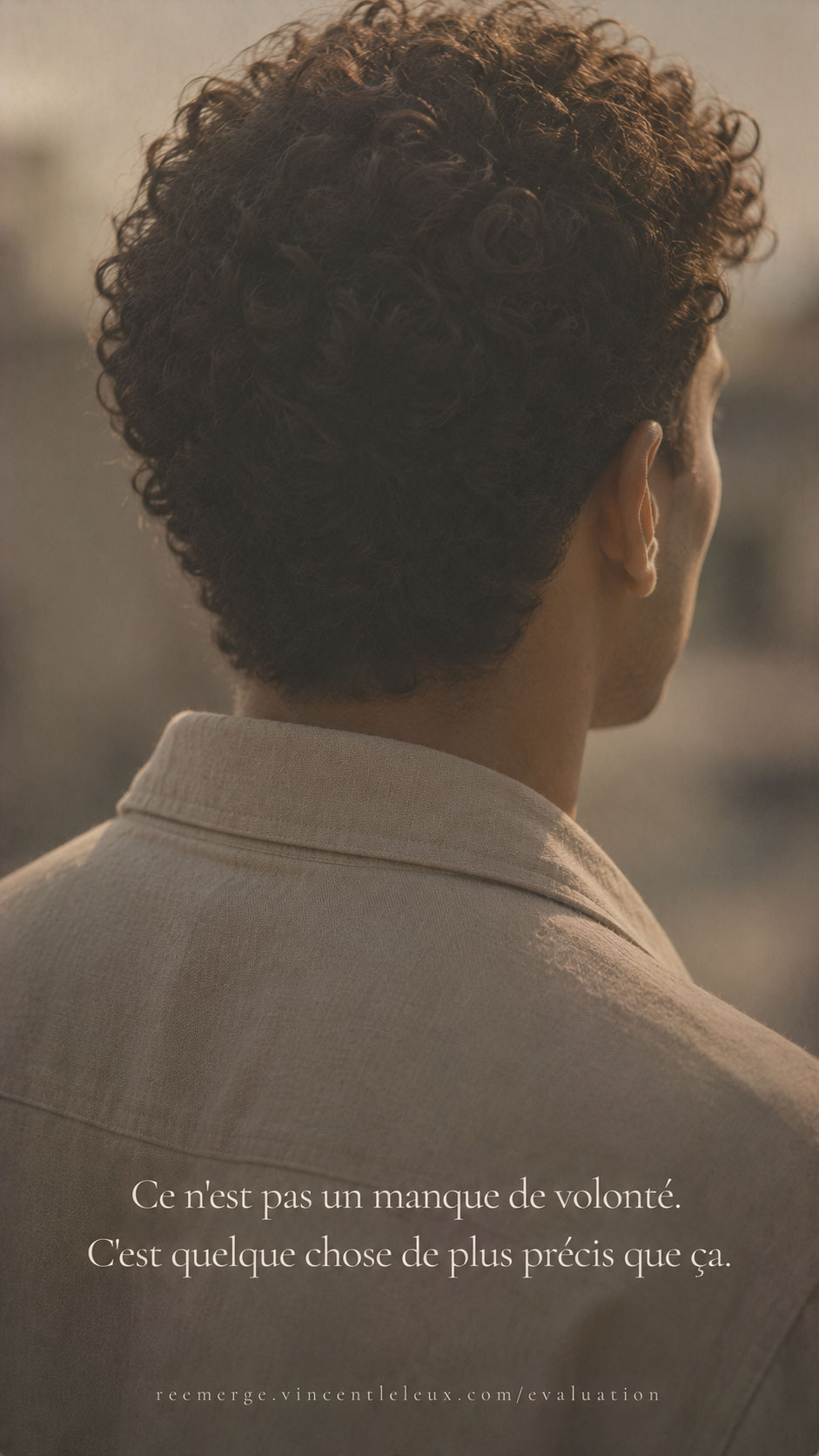Mixed-race man with curly hair close-up seen from behind, Re-Emerge