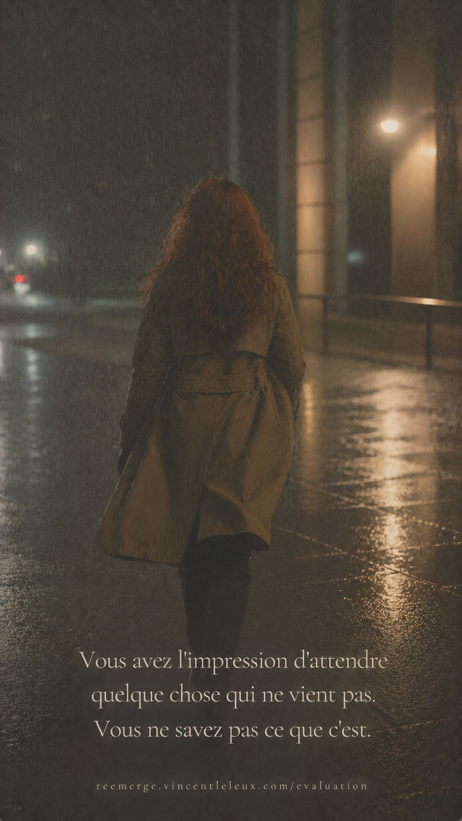 Woman with auburn hair walking in the rain at night, Re-Emerge