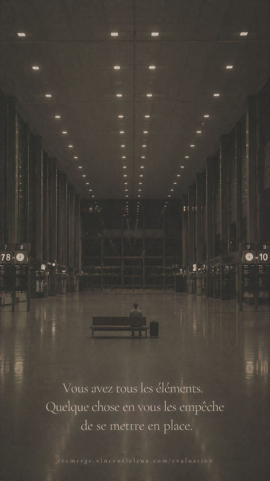 Man alone on a bench in an empty train station, Re-Emerge